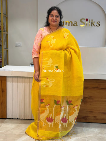 Pure Linen Tissue Jamdani Saree Swan Design Yellow Color