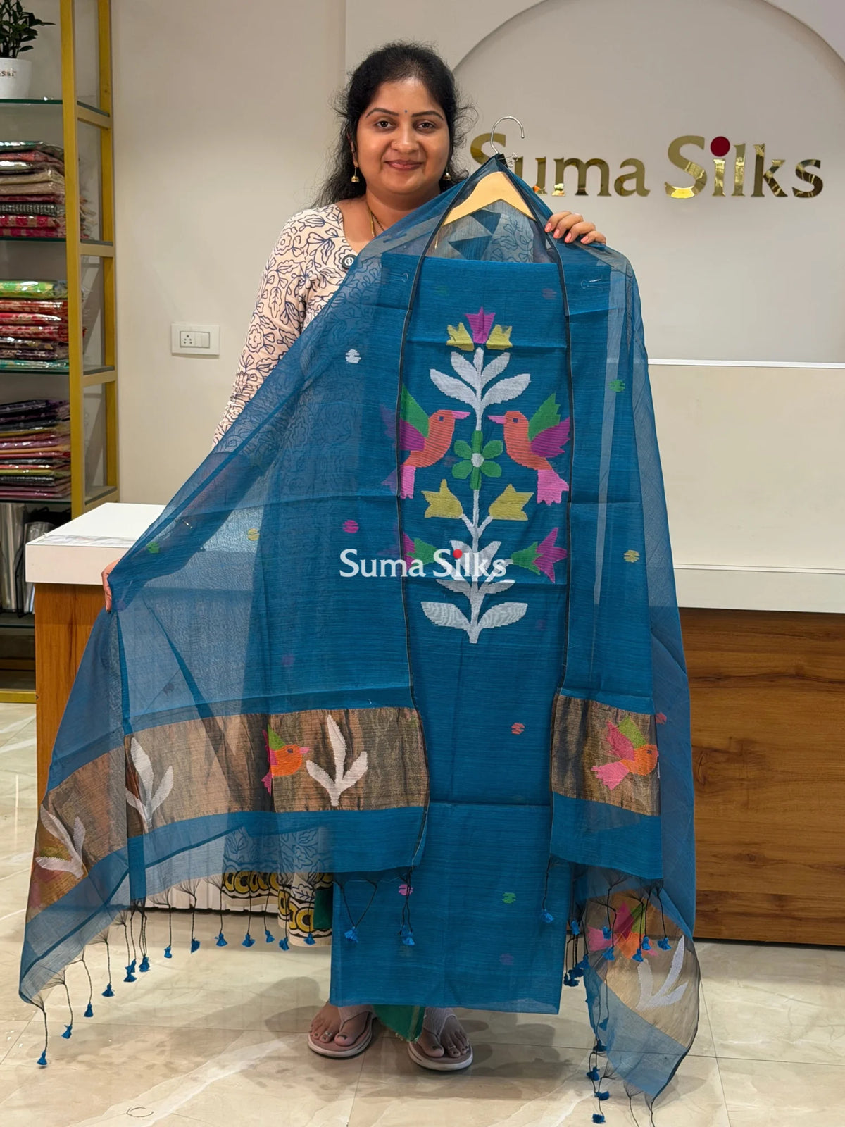 Pure Muslin Jamdani Neck Flying Birds Design Blue Color