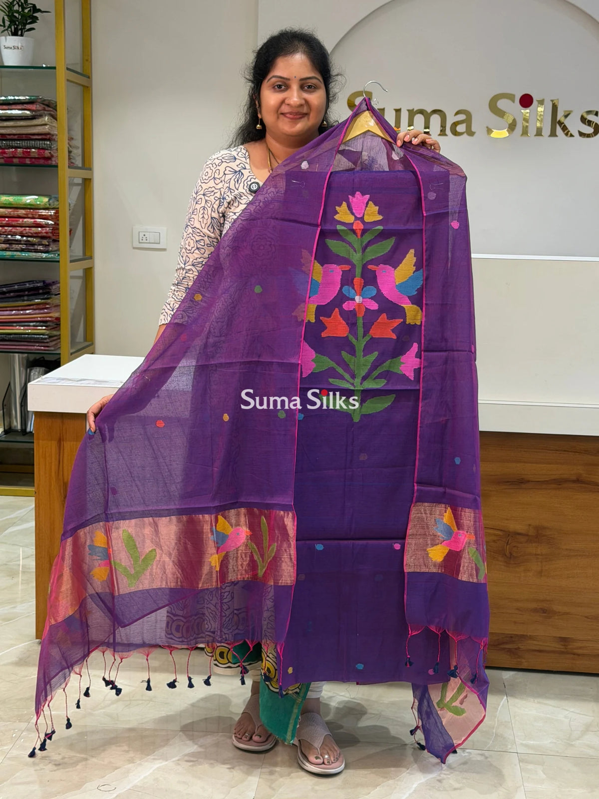 Pure Muslin Jamdani Neck Flying Birds Design Purple Color