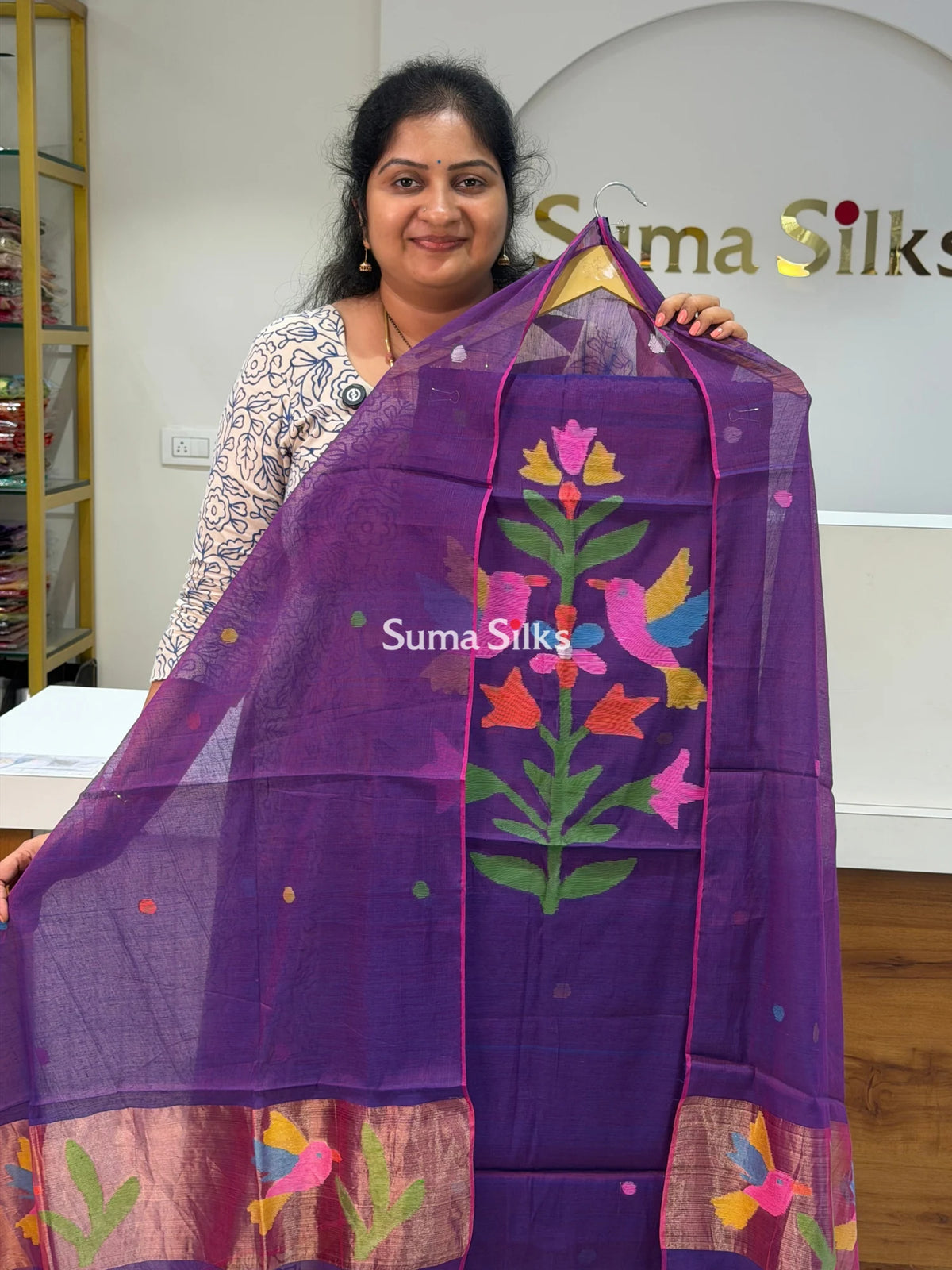 Pure Muslin Jamdani Neck Flying Birds Design Purple Color