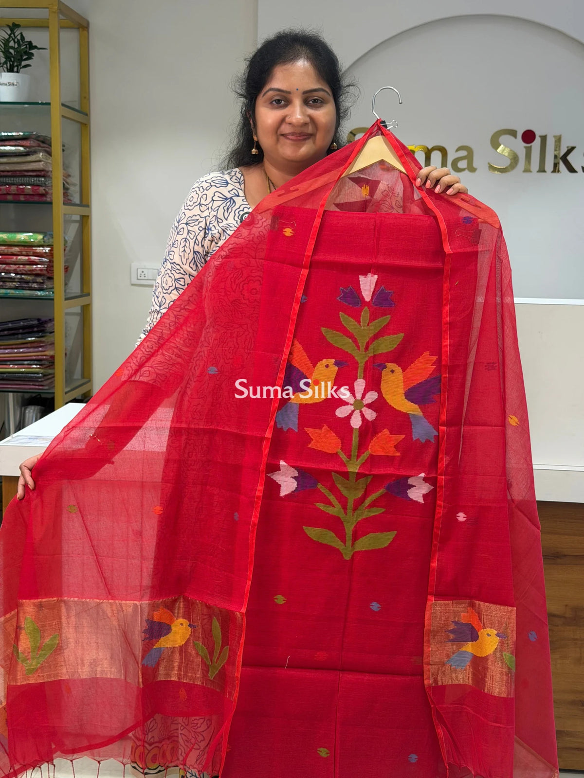 Pure Muslin Jamdani Neck Flying Birds Design Red Color