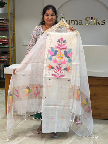 Pure Muslin Jamdani Neck Flying Birds Design White Color