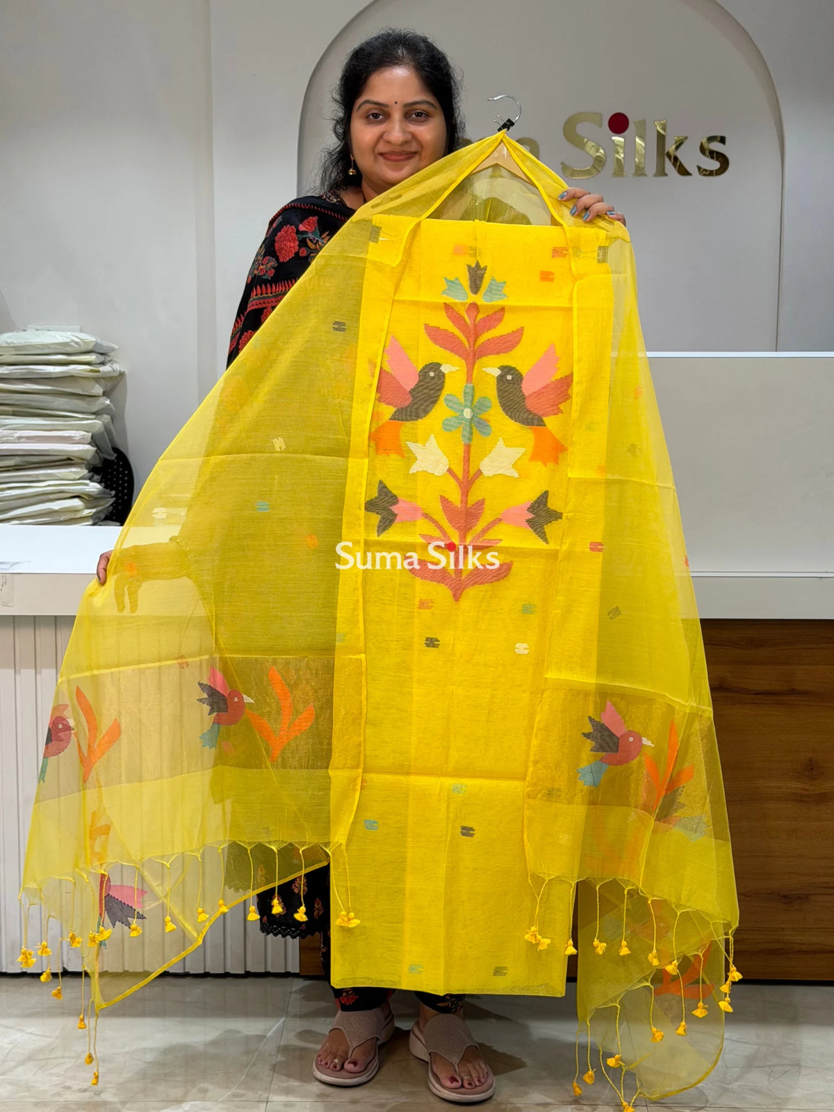 Pure Muslin Jamdani Neck Flying Birds Design Yellow Color