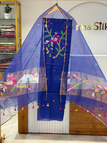 Pure Muslin Jamdani Neck Peacock Design Ink Blue Color