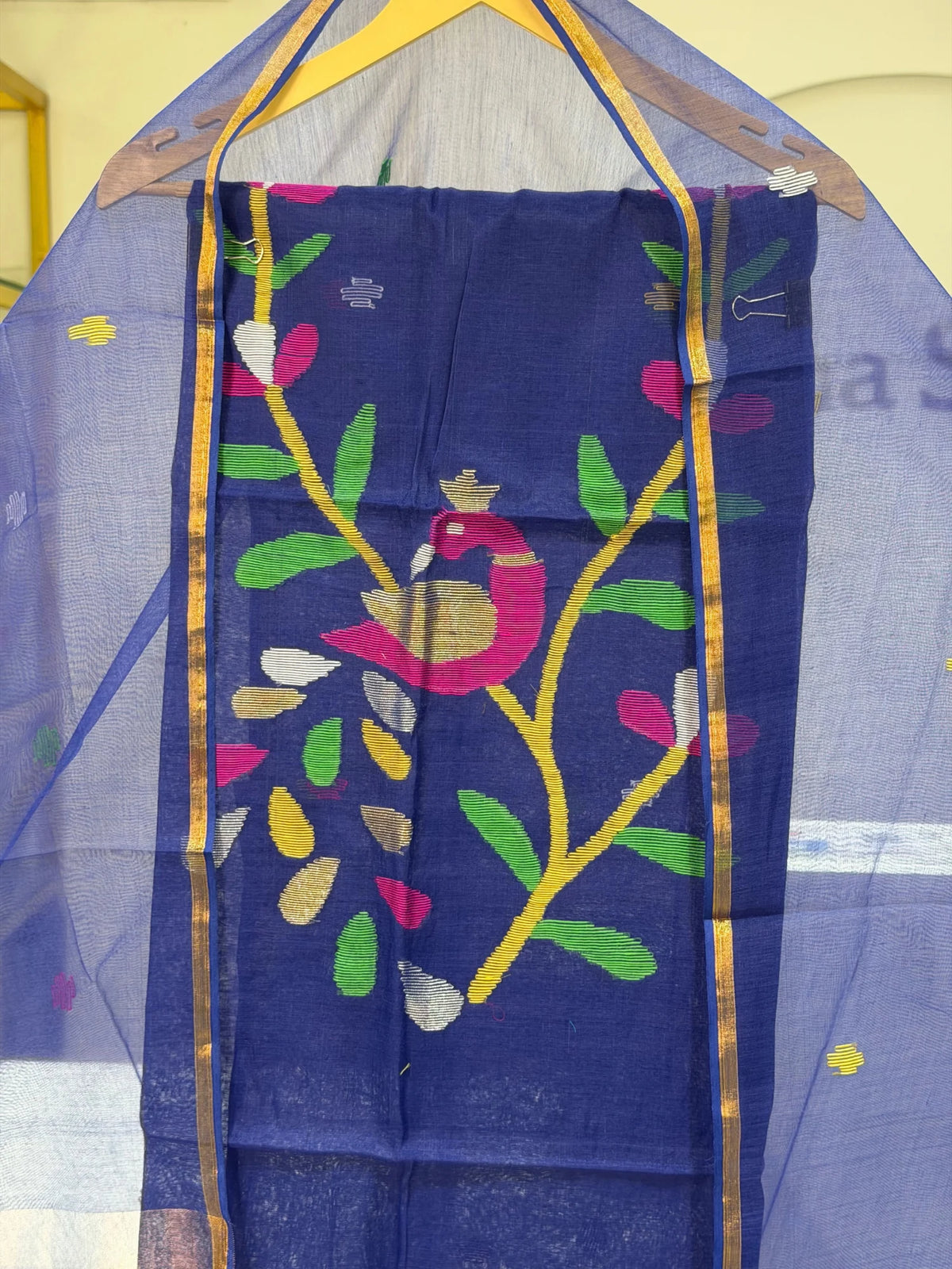 Pure Muslin Jamdani Neck Peacock Design Ink Blue Color