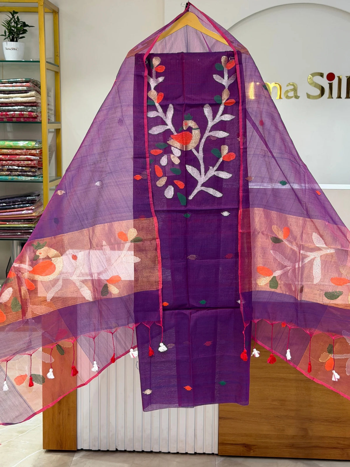 Pure Muslin Jamdani Neck Peacock Design Pinkish Purple Color