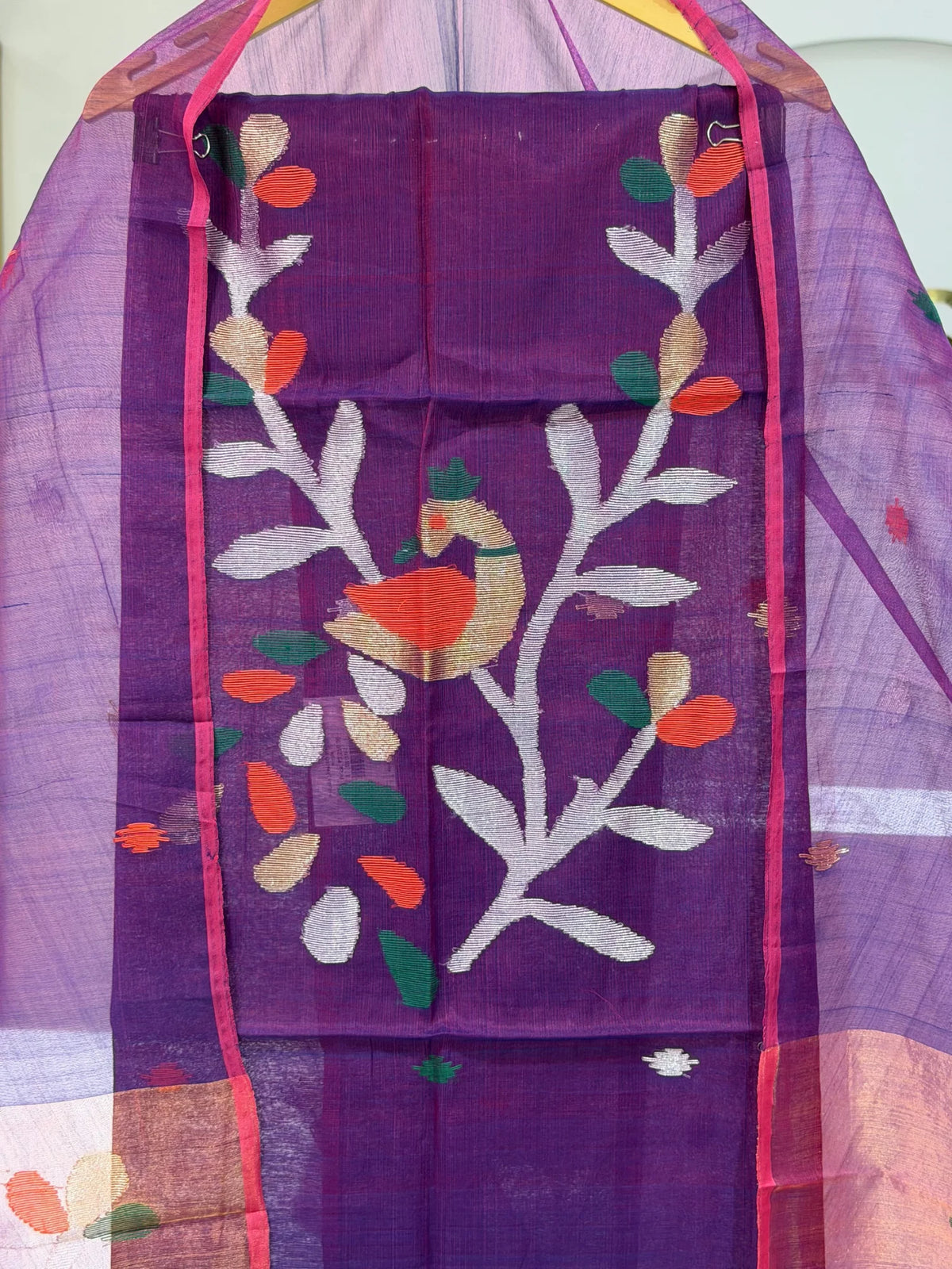 Pure Muslin Jamdani Neck Peacock Design Pinkish Purple Color
