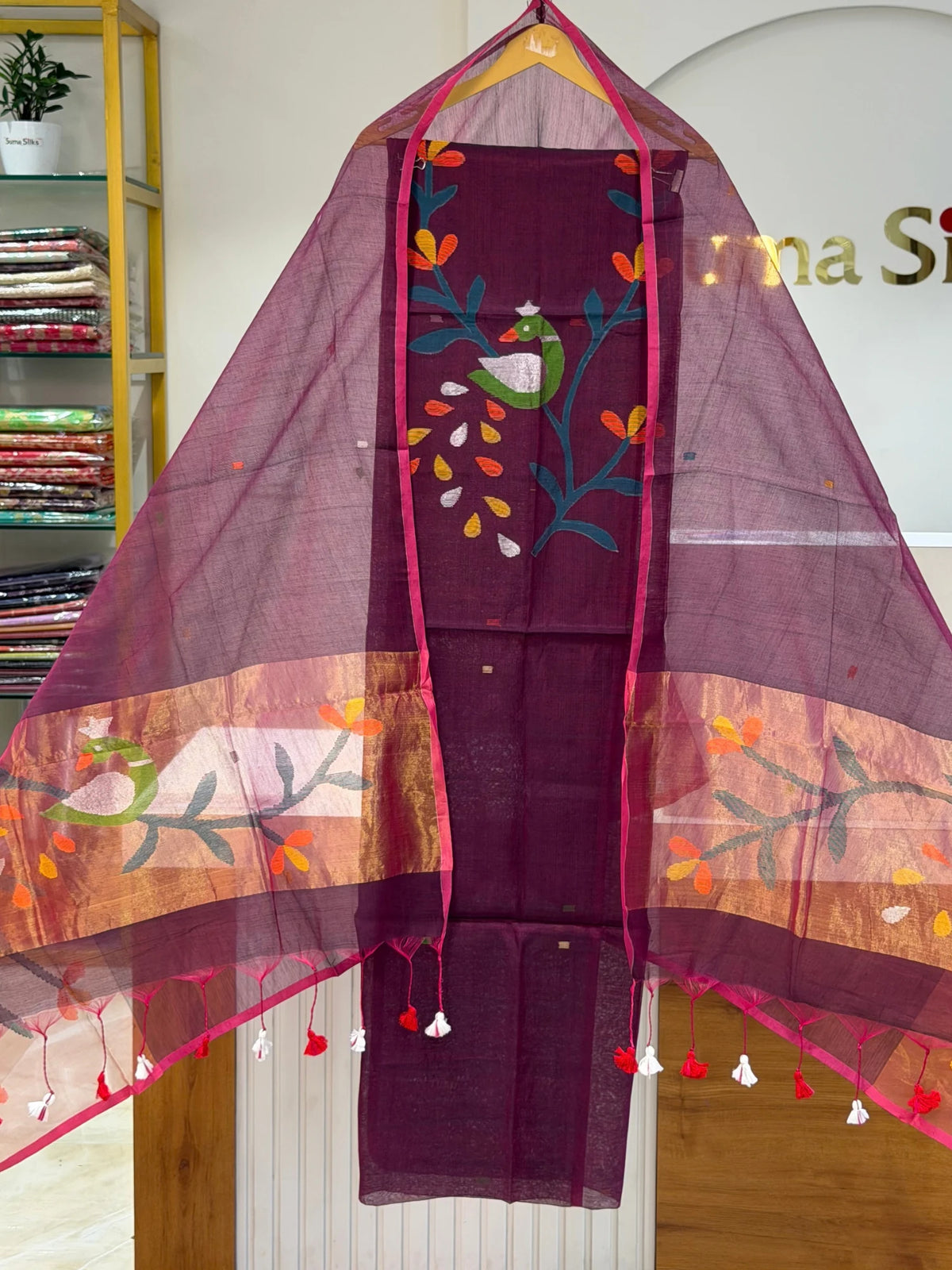 Pure Muslin Jamdani Neck Peacock Design Wine Color