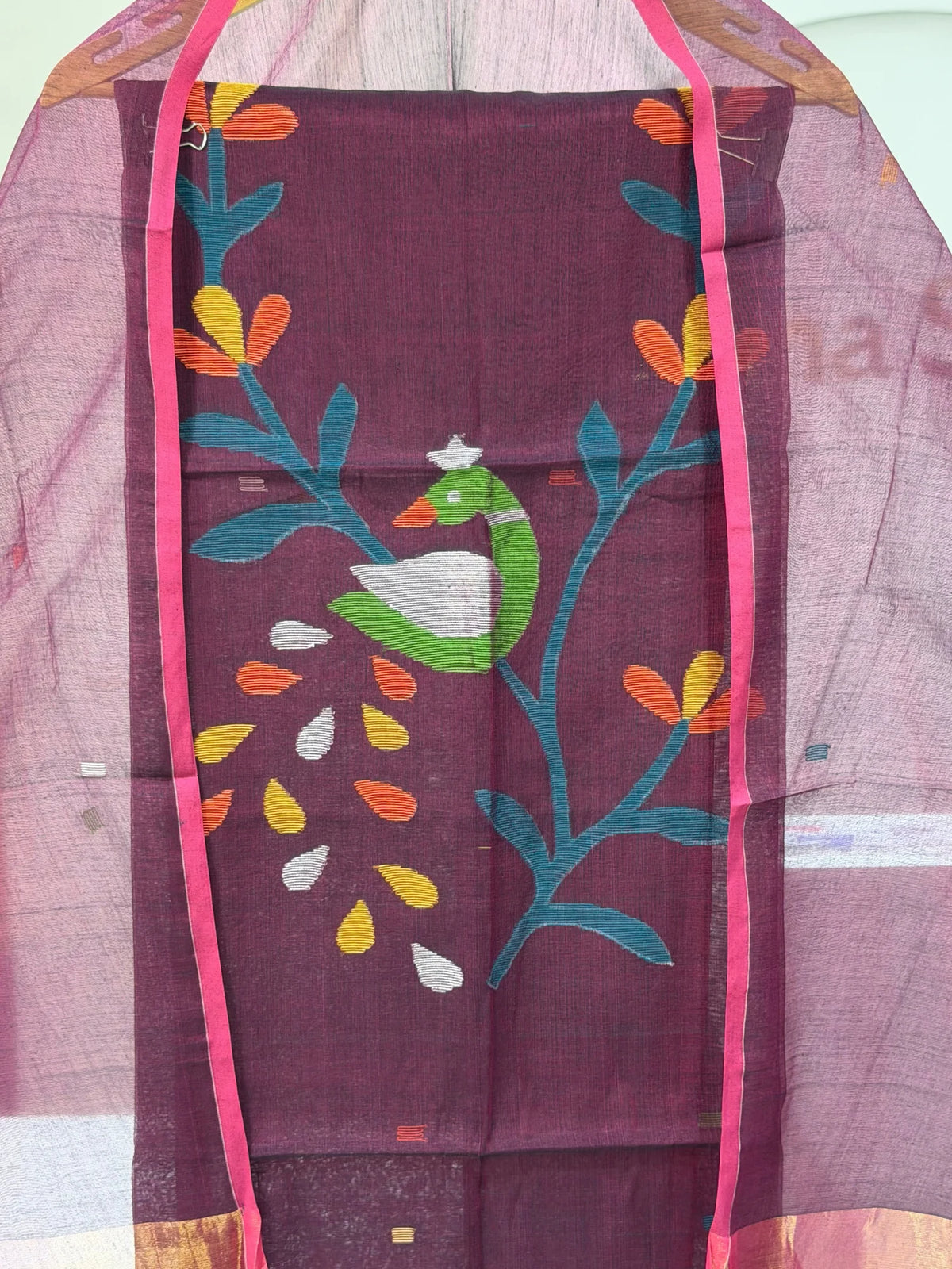Pure Muslin Jamdani Neck Peacock Design Wine Color