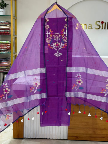 Pure Muslin Jamdani Neck Rose Flowers Design Purple Color