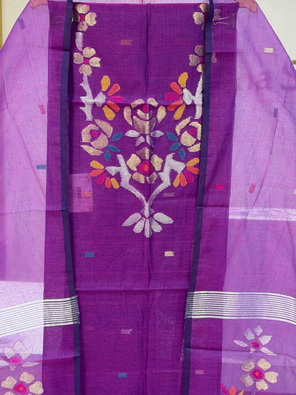 Pure Muslin Jamdani Neck Rose Flowers Design Purple Color
