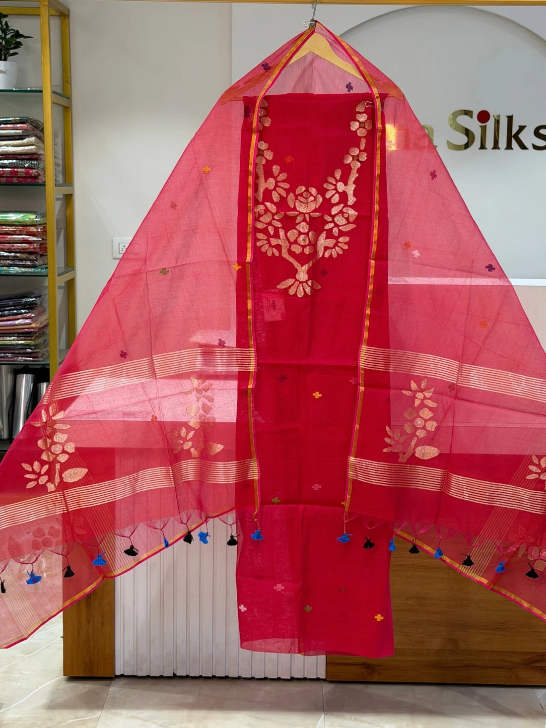 Pure Muslin Jamdani Neck Rose Flowers Design Red Color