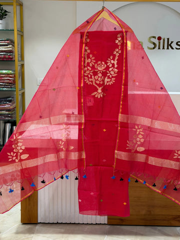 Pure Muslin Jamdani Neck Rose Flowers Design Red Color