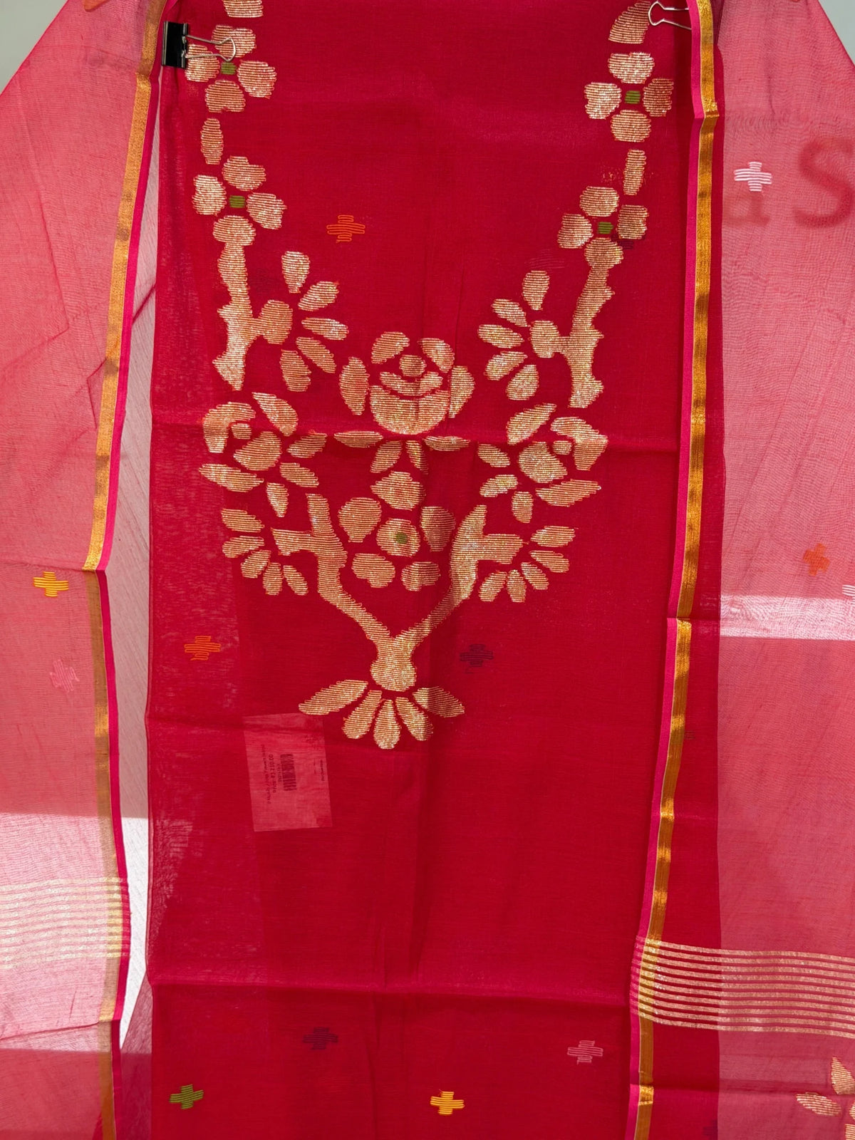 Pure Muslin Jamdani Neck Rose Flowers Design Red Color