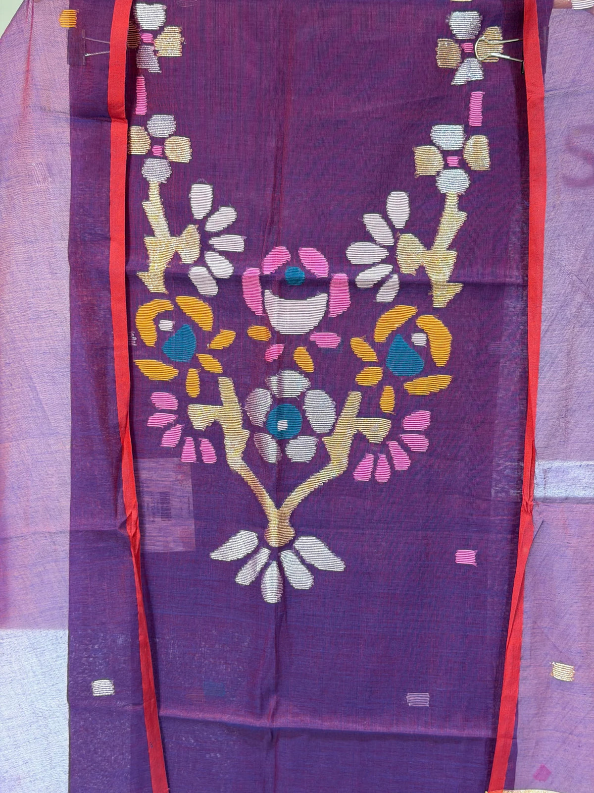 Pure Muslin Jamdani Neck Rose Flowers Design Reddish Wine Color