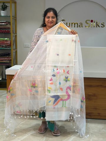 Pure Muslin Jamdani Peacock Daman Pattern White Color