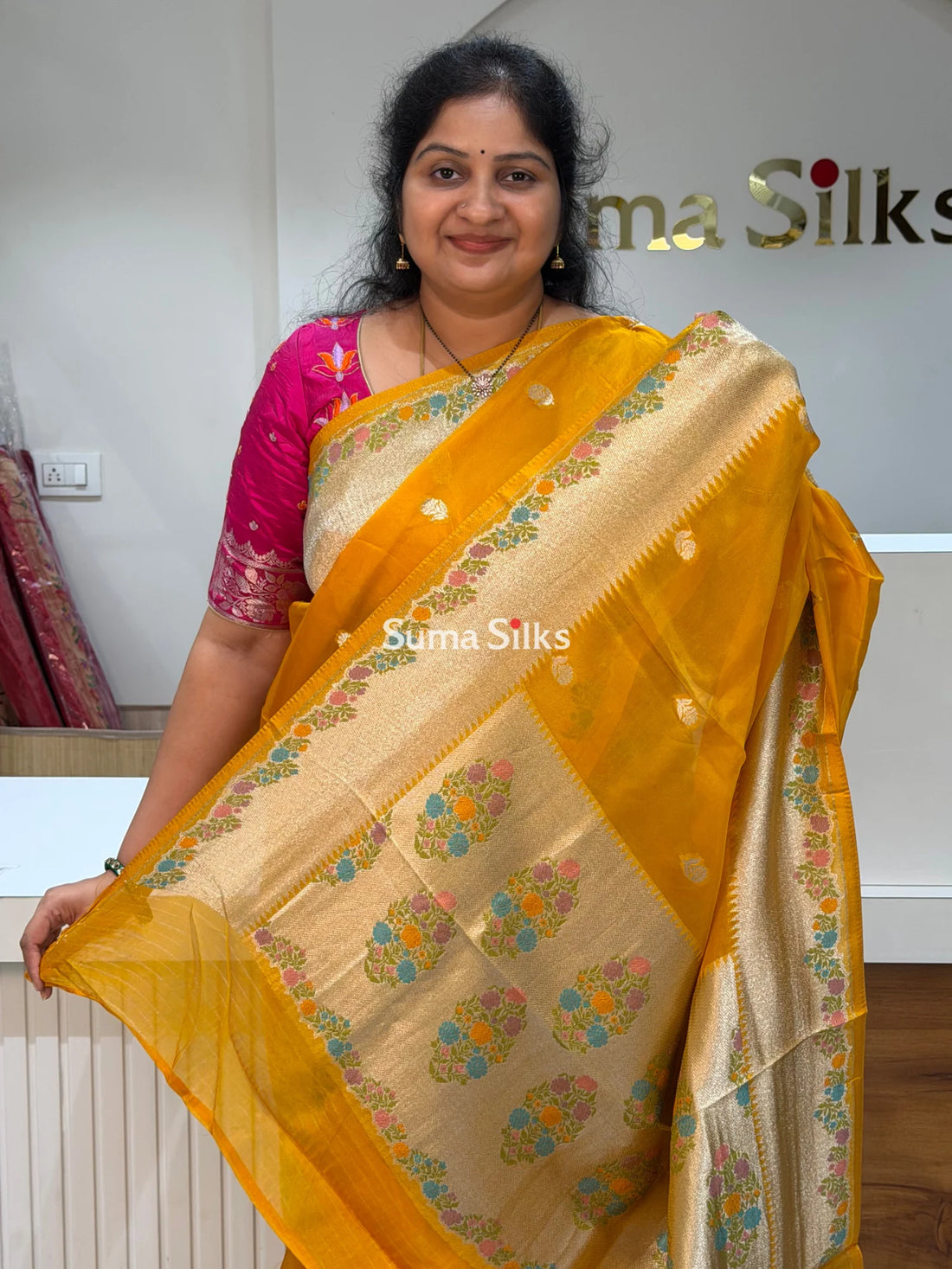 Pure Organza Paithani Sarees Yellow Color