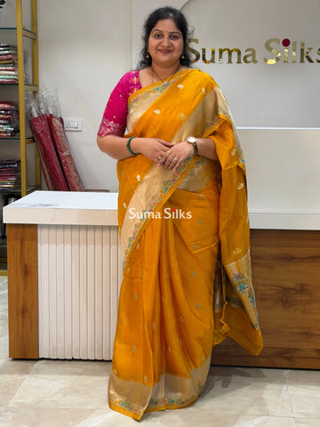 Pure Organza Paithani Sarees Yellow Color
