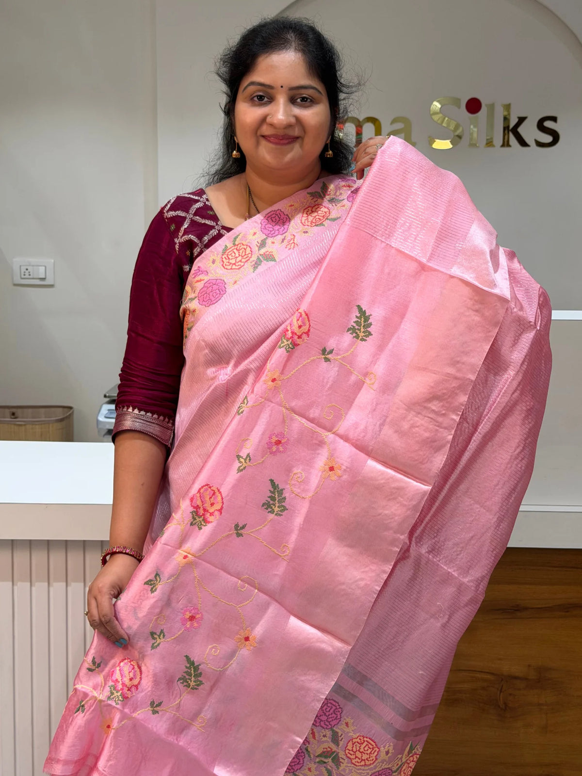Moonga Silk Petit Point Work Baby Pink Color