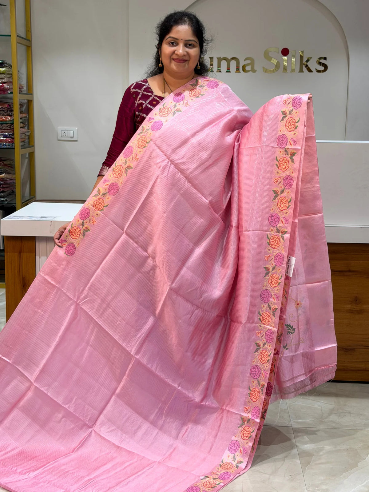 Moonga Silk Petit Point Work Baby Pink Color