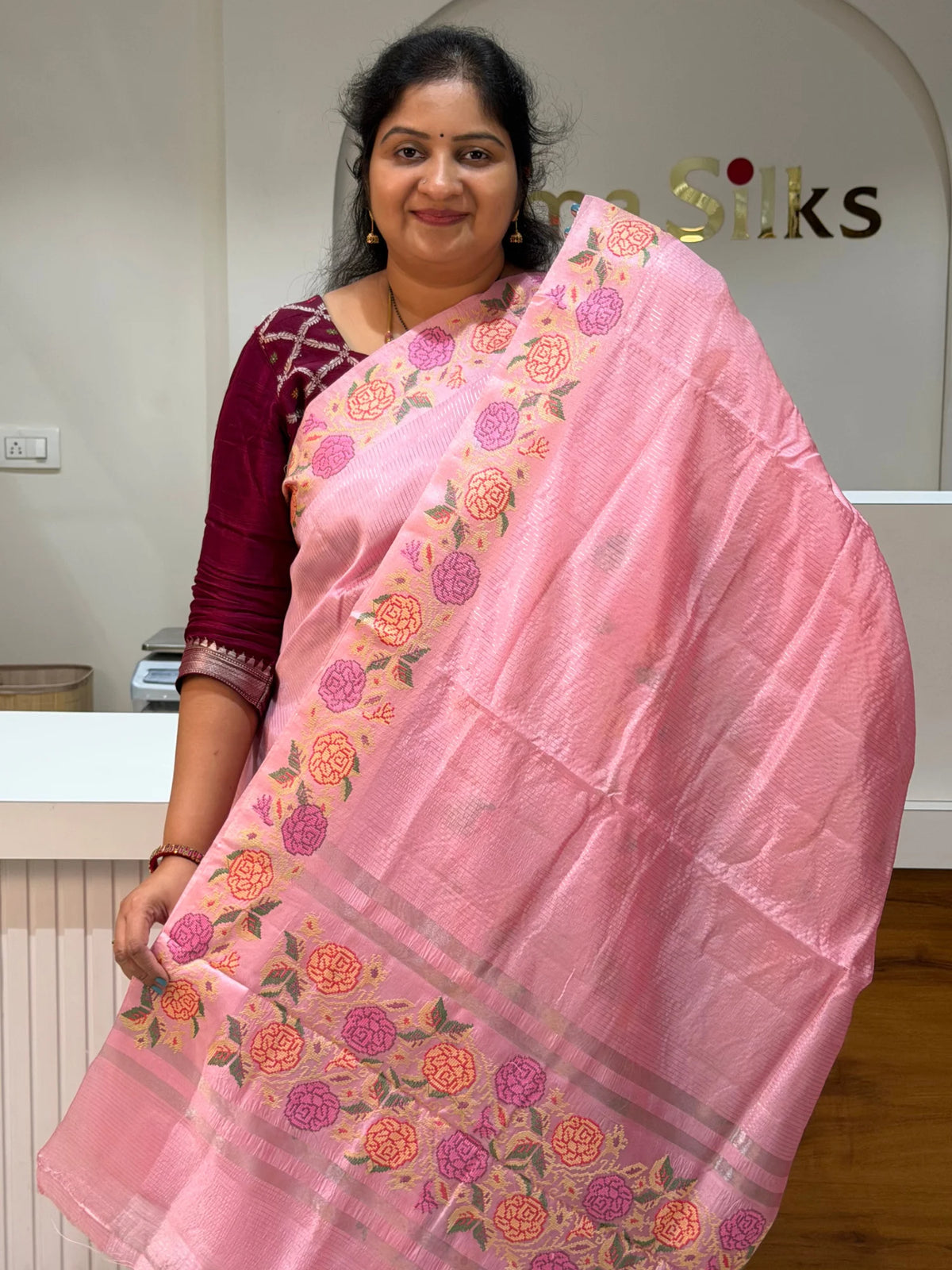 Moonga Silk Petit Point Work Baby Pink Color