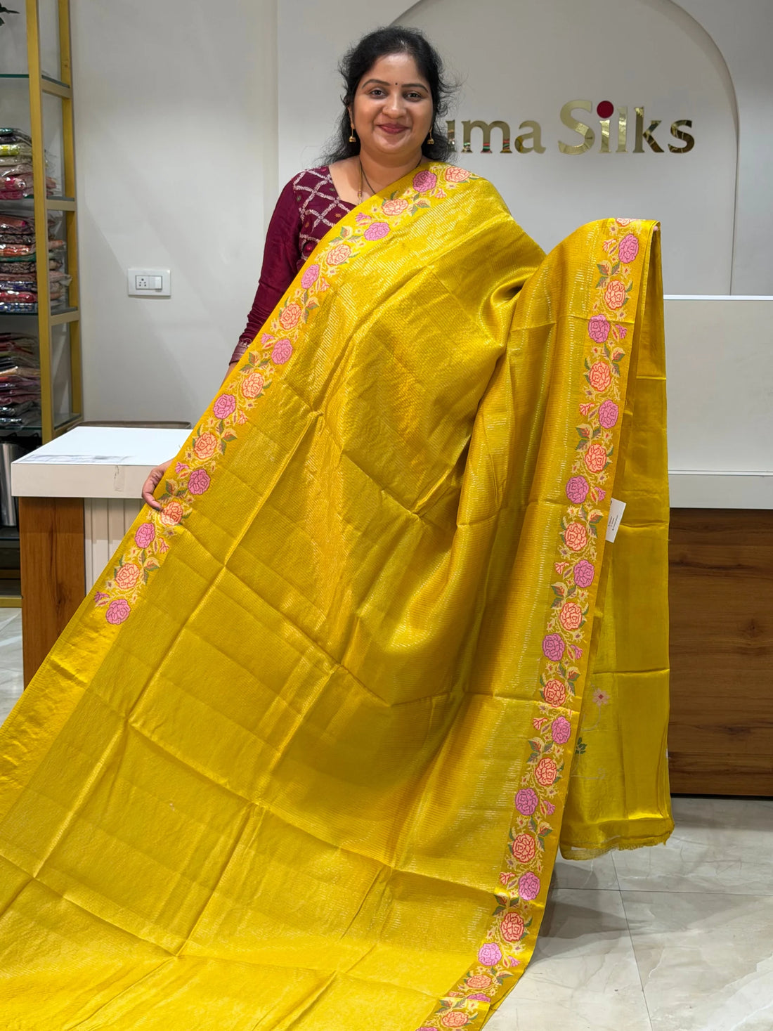 Moonga Silk Petit Point Work Yellow Color
