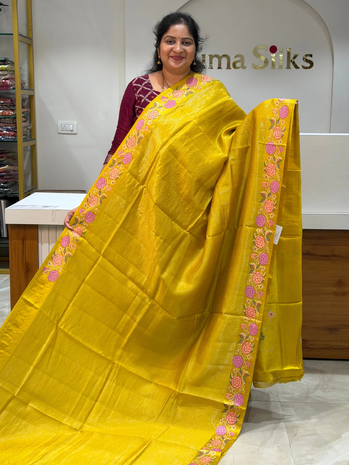 Moonga Silk Petit Point Work Yellow Color