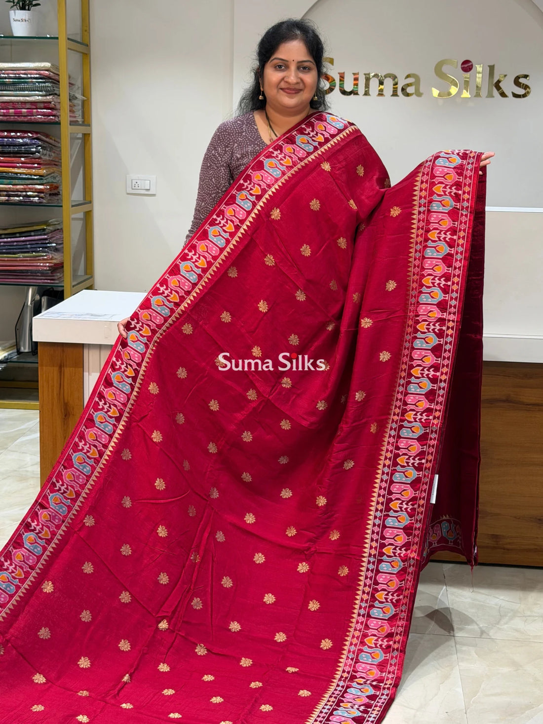 Russian Crepe Peacock Border Cherry Color