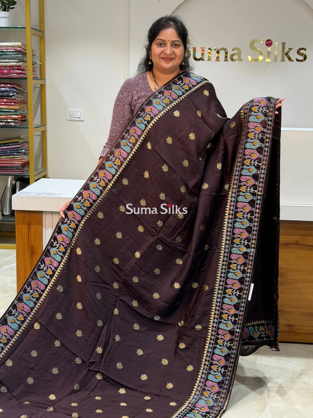 Russian Crepe Peacock Border Coffee Brown Color