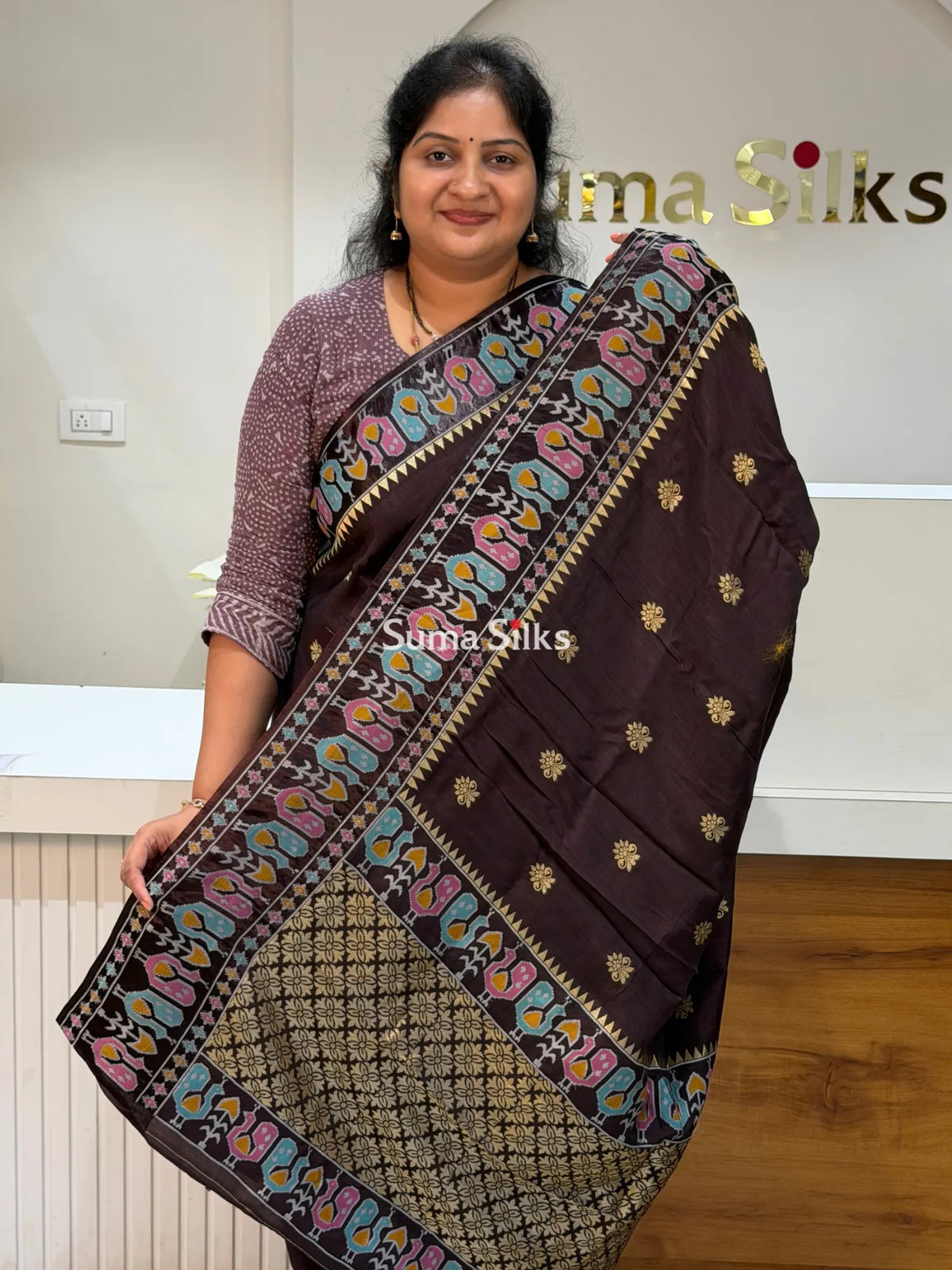 Russian Crepe Peacock Border Coffee Brown Color