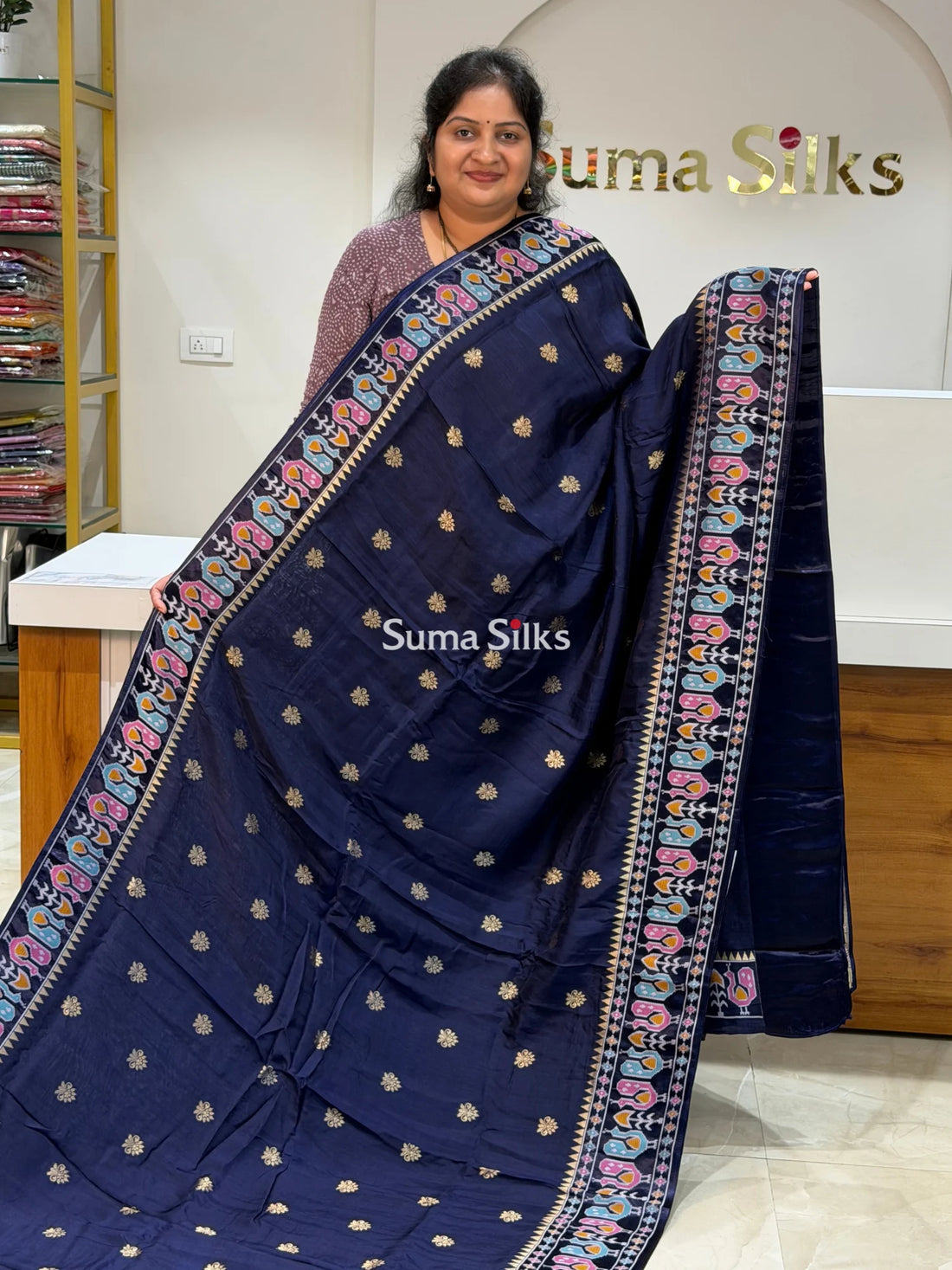 Russian Crepe Peacock Border Navy Color