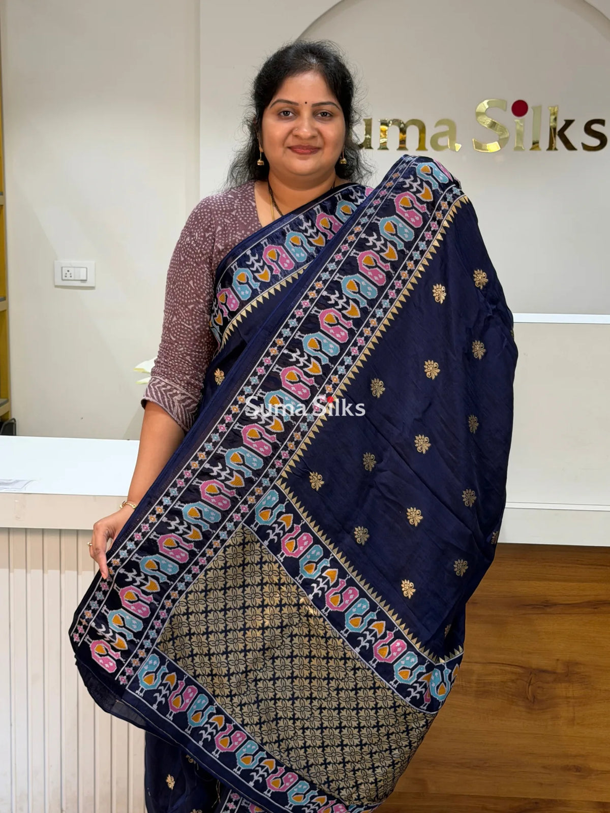 Russian Crepe Peacock Border Navy Color