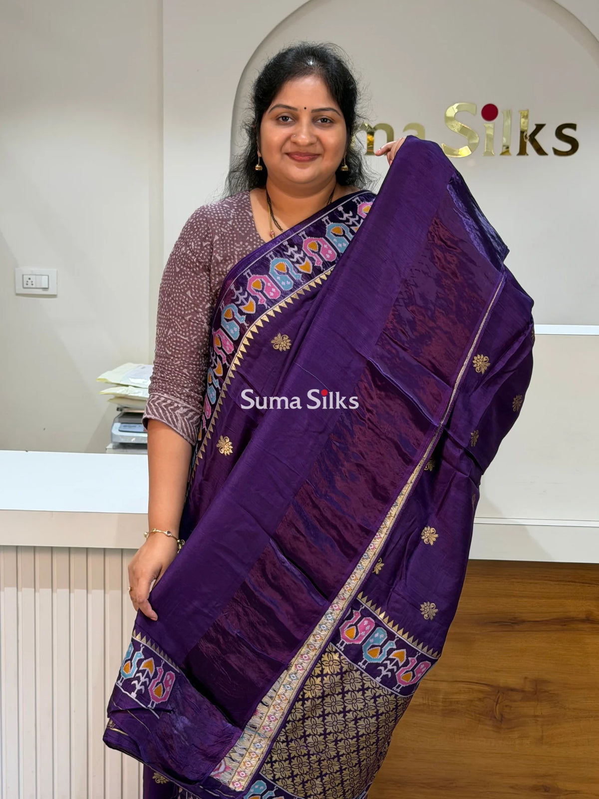 Russian Crepe Peacock Border Purple Color