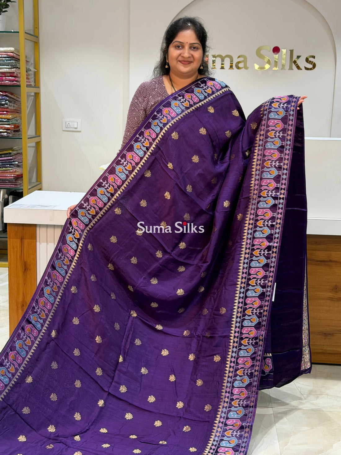Russian Crepe Peacock Border Purple Color