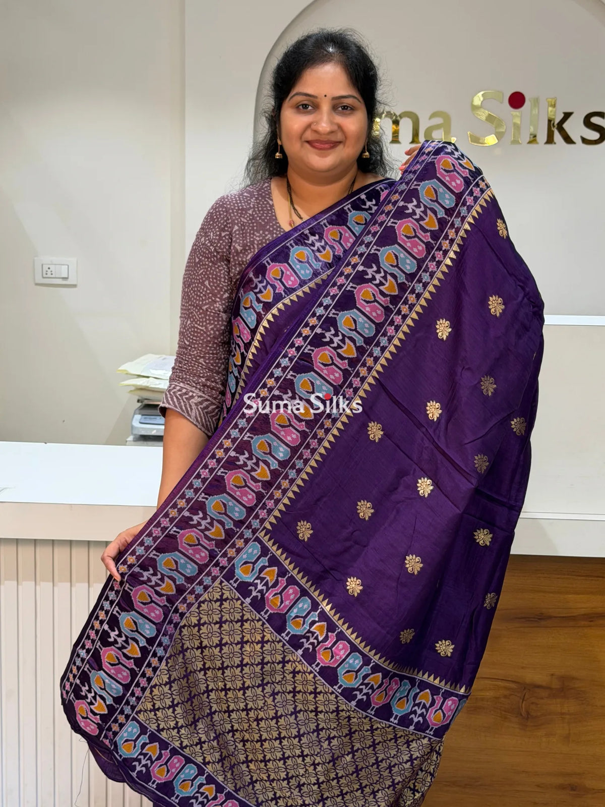 Russian Crepe Peacock Border Purple Color