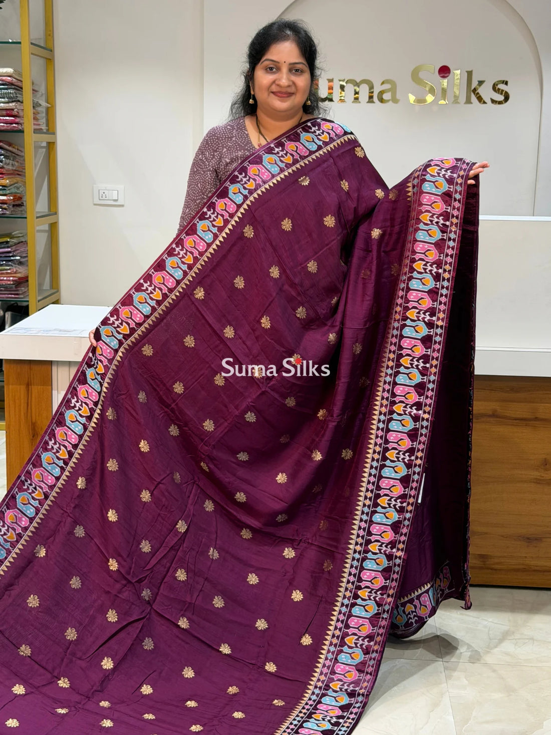 Russian Crepe Peacock Border Wine Color