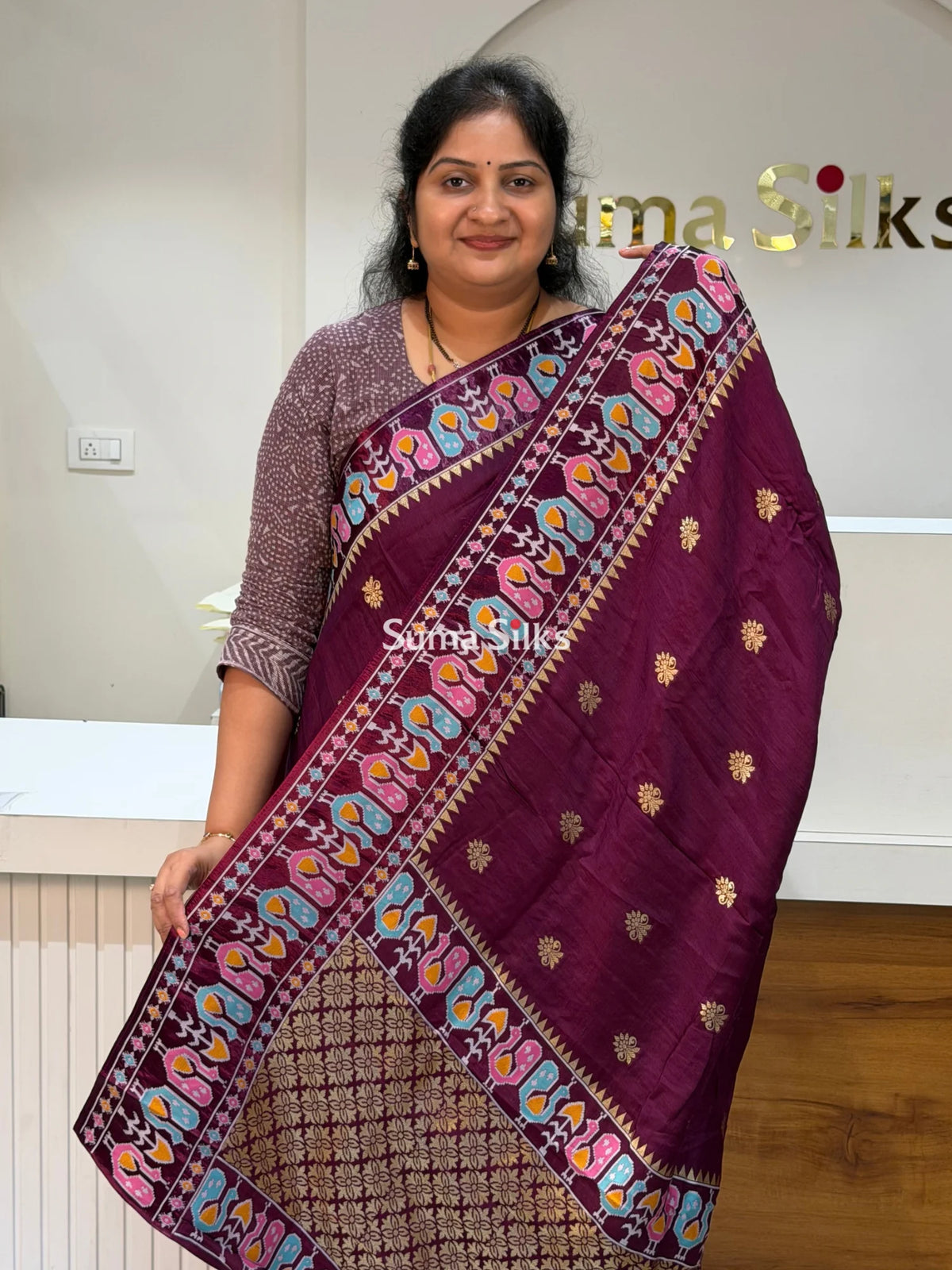 Russian Crepe Peacock Border Wine Color