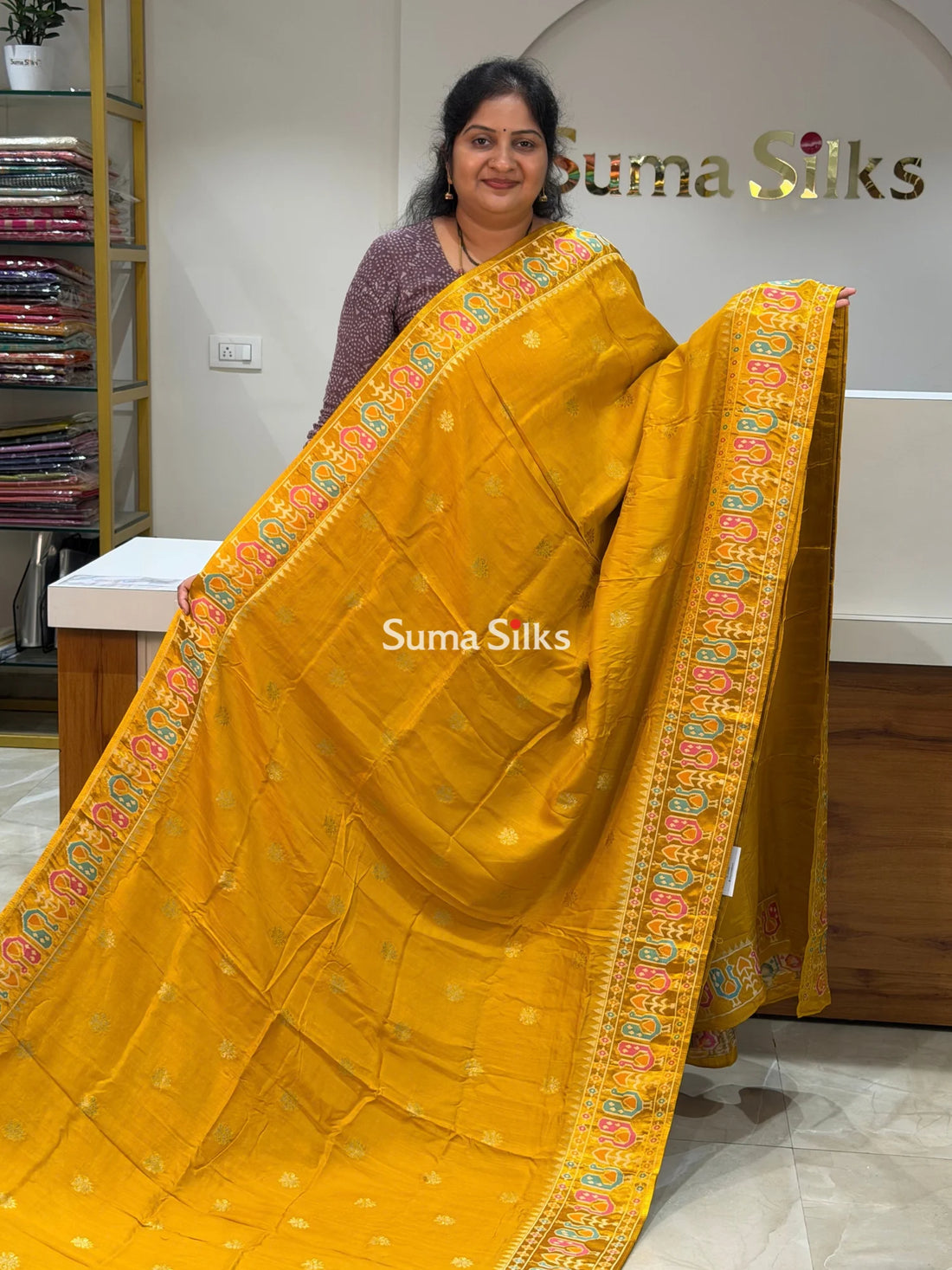Russian Crepe Peacock Border Yellow Color
