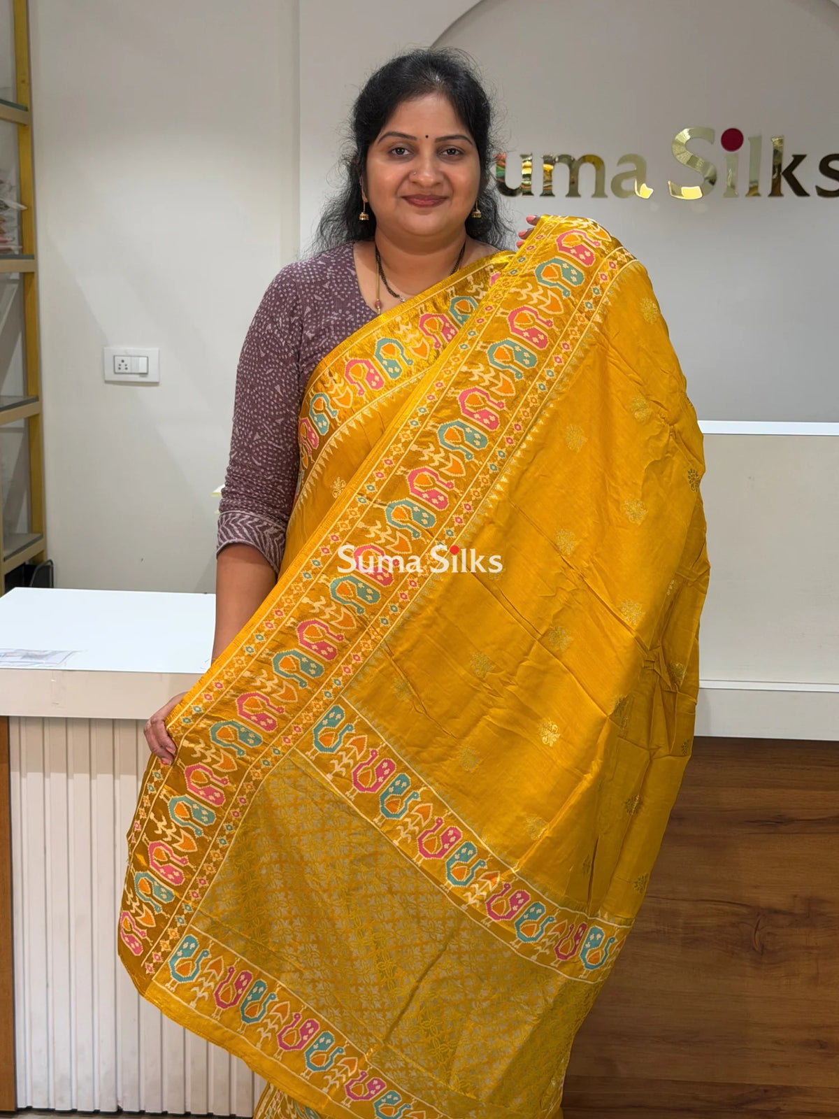 Russian Crepe Peacock Border Yellow Color