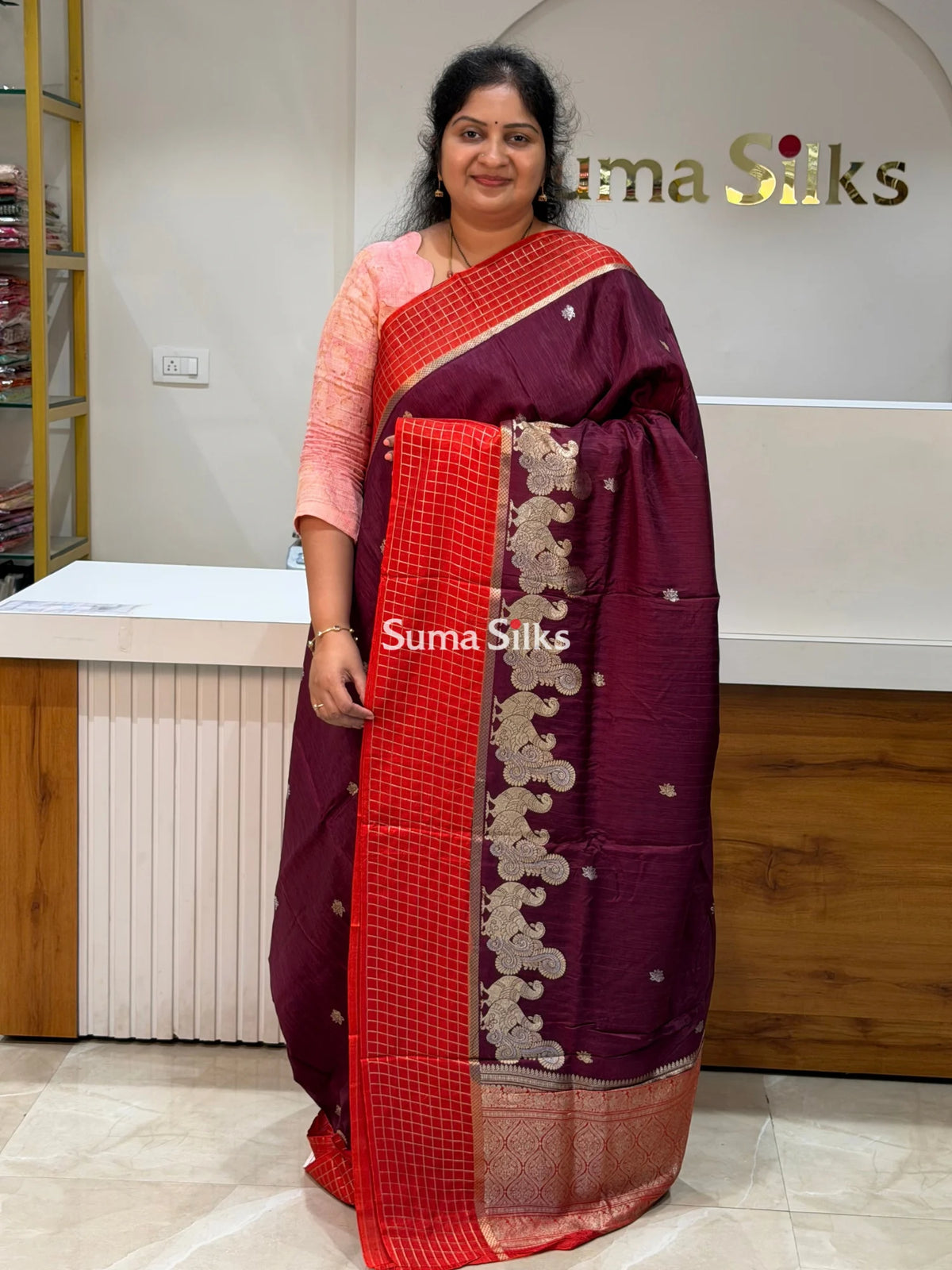Russian Crepe Silk Saree Wine Color