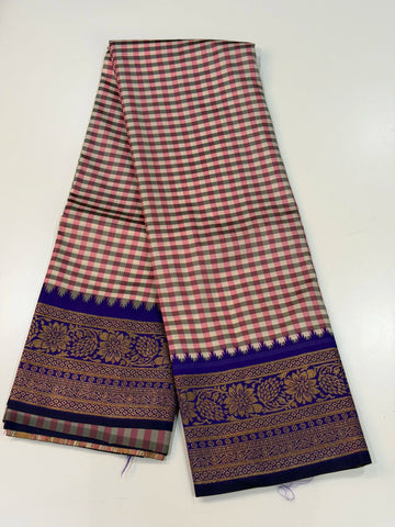 Semi Gadwal Madras Checks Floral Border Baby Pink