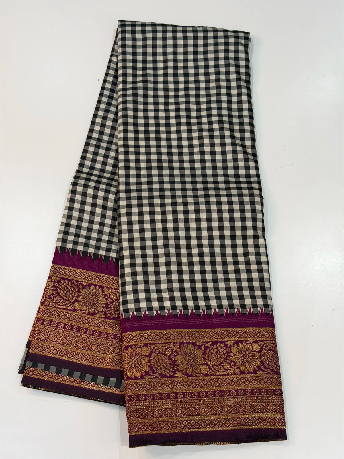 Semi Gadwal Madras Checks Floral Border Black