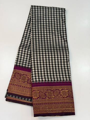 Semi Gadwal Madras Checks Floral Border Black