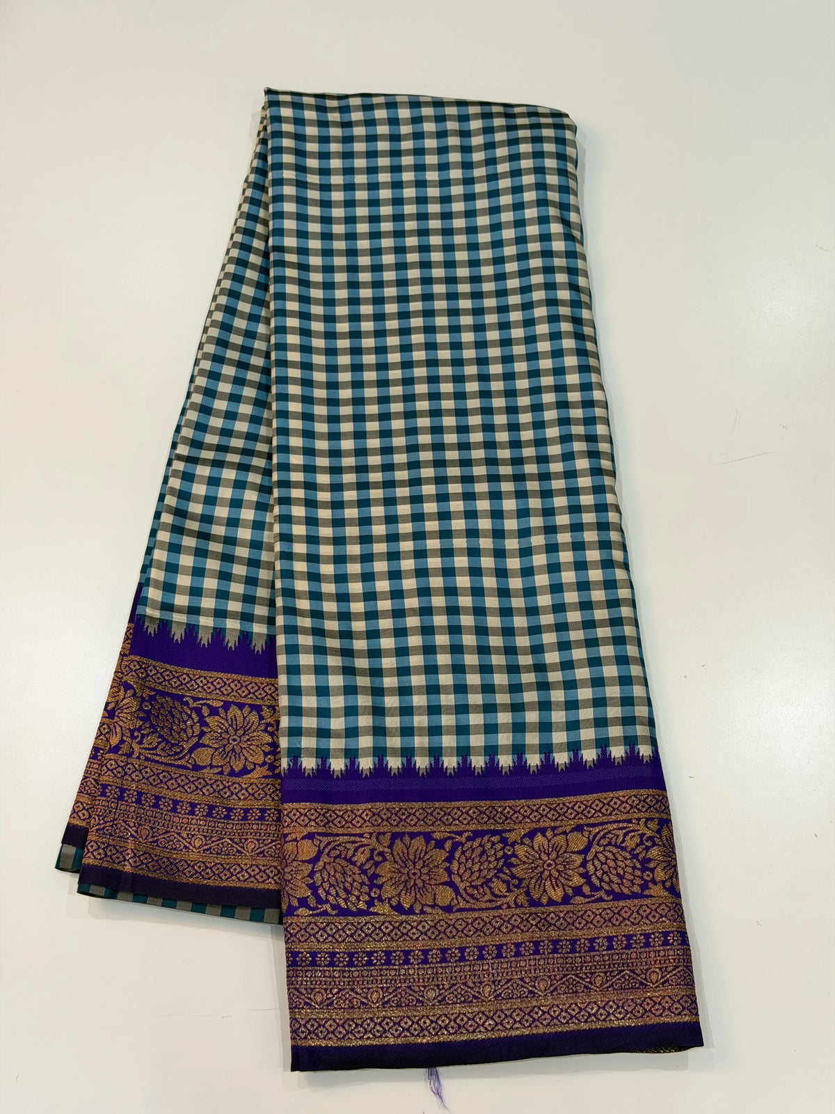 Semi Gadwal Madras Checks Floral Border Blue