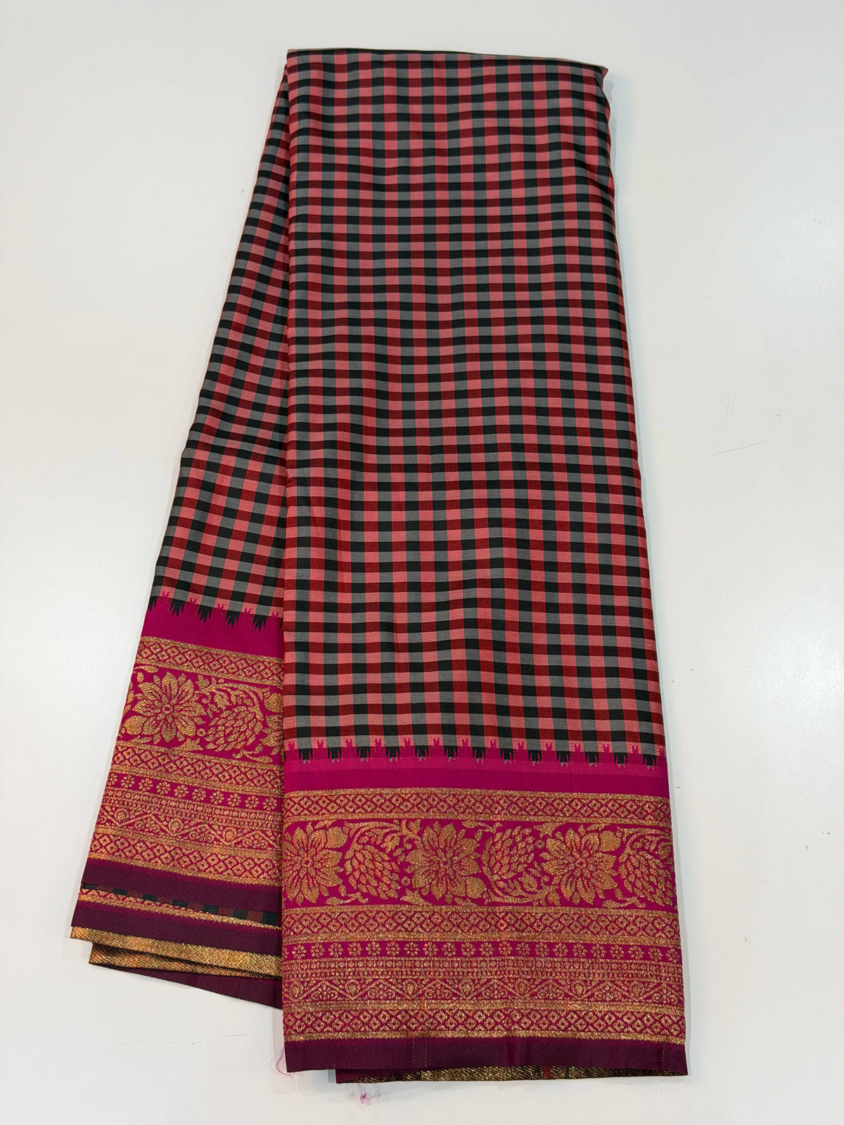 Semi Gadwal Madras Checks Floral Border Maroon