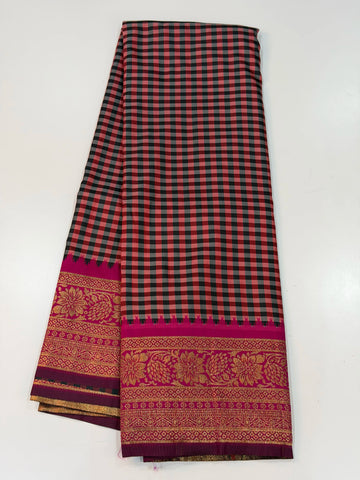 Semi Gadwal Madras Checks Floral Border Maroon