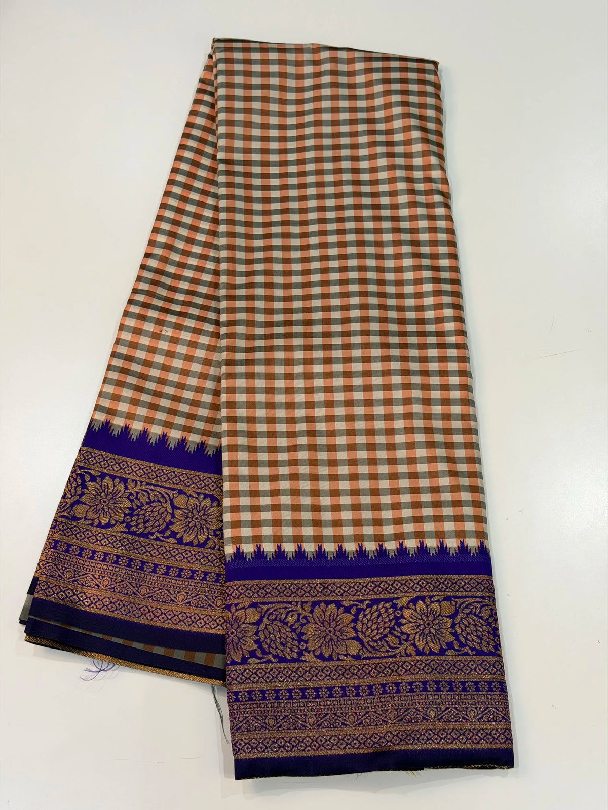 Semi Gadwal Madras Checks Floral Border Peach