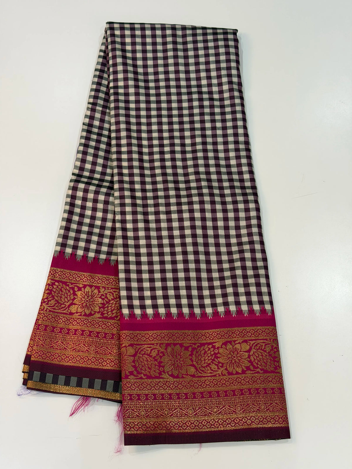 Semi Gadwal Madras Checks Floral Border Purple SSS1792-11