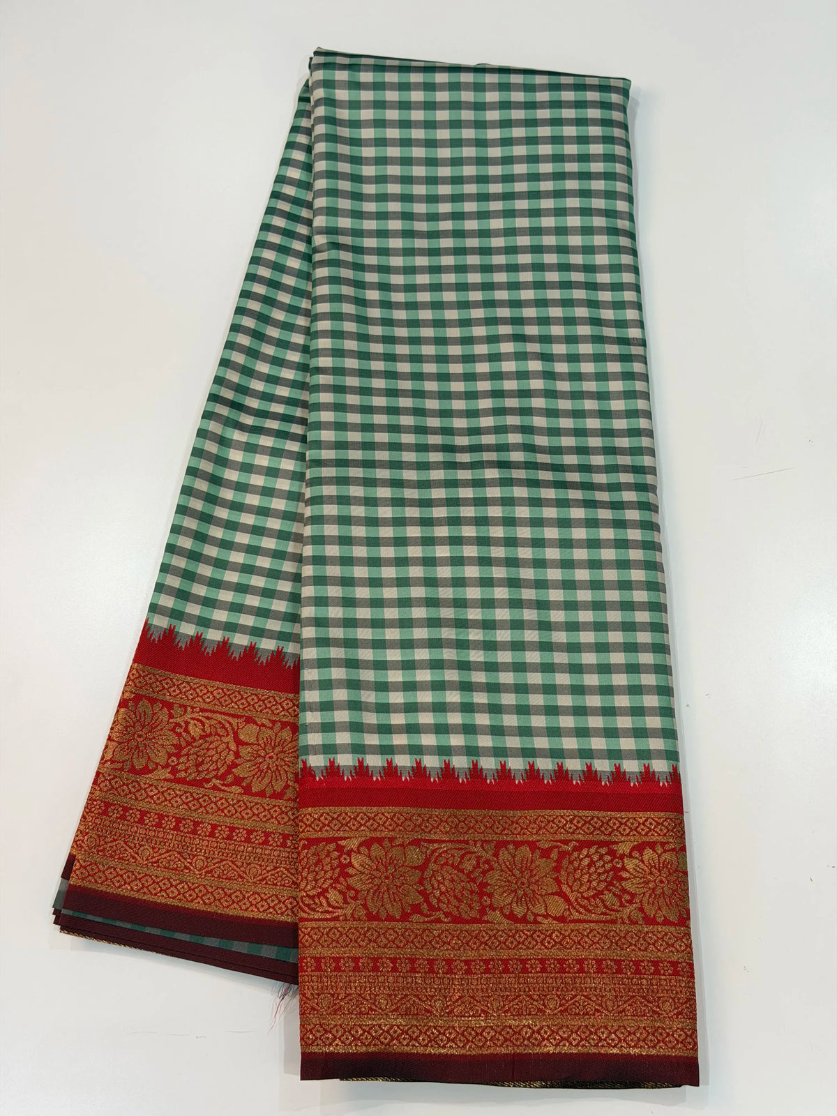 Semi Gadwal Madras Checks Floral Border Sea Green