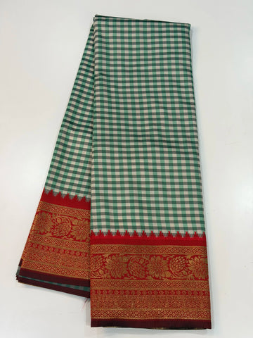 Semi Gadwal Madras Checks Floral Border Sea Green